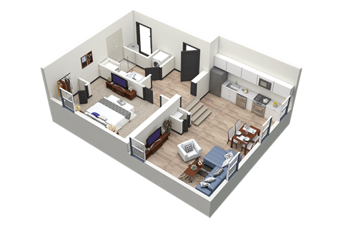 Floor plan for 1 bed, 1 bath, 760 sqft